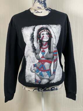 Riot Society Black Painted Native Girl Graphic Crewneck Sweatshirt Size Small